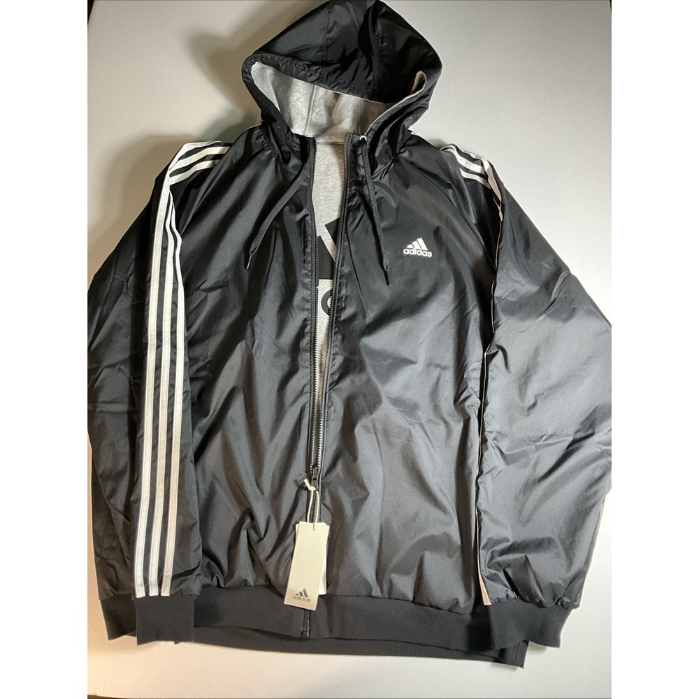 Vintage Adidas Reversible Jacket Black Grey Windbreaker Fleece Hooded XL NWT